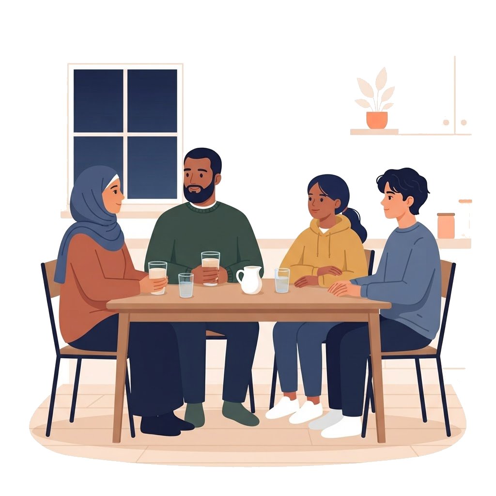 A British Muslim family of four sitting together around their kitchen table at suhoor before dawn, the parents each with a protein shake