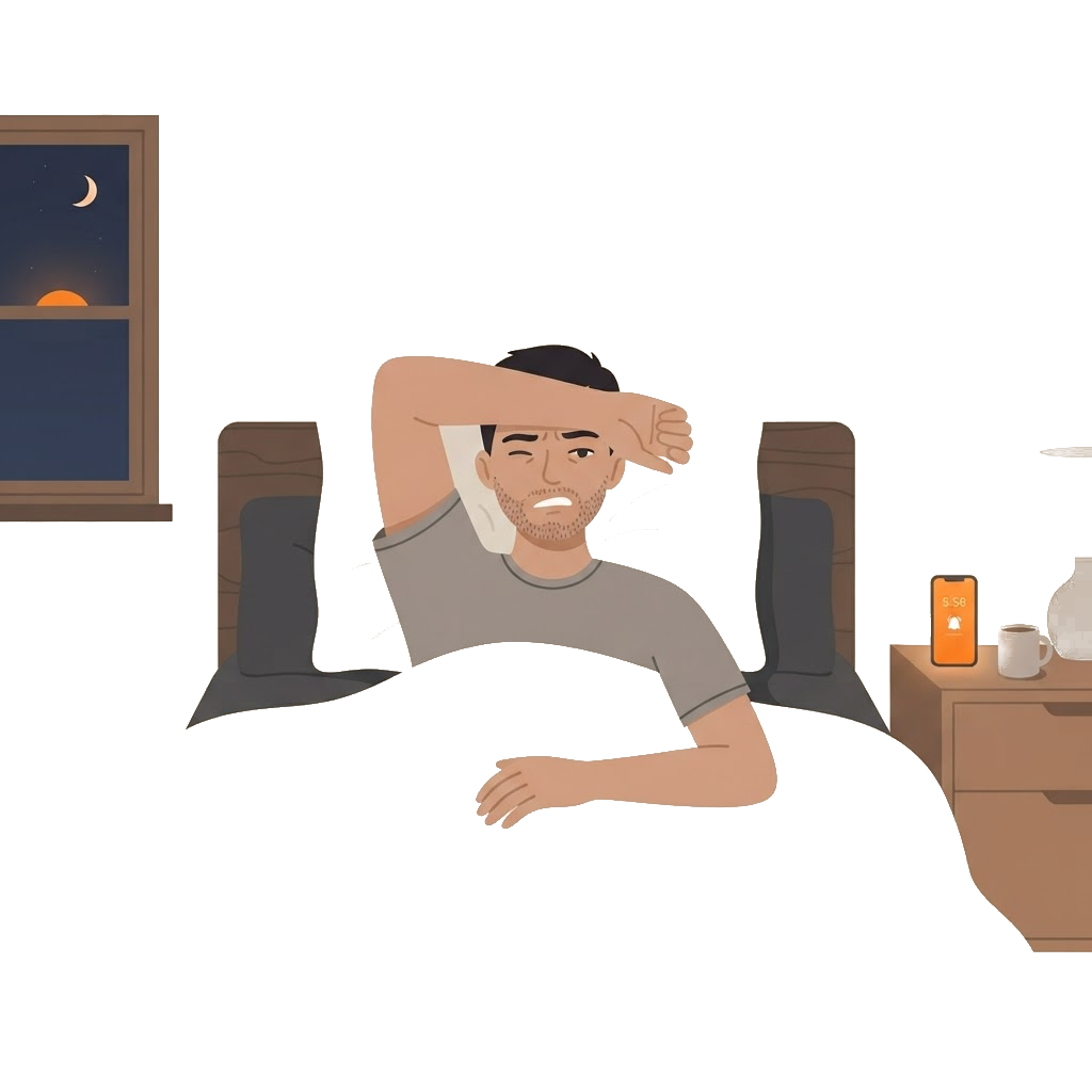 Editorial illustration of an exhausted young British South Asian man sitting on the edge of his bed before dawn as a phone alarm glows