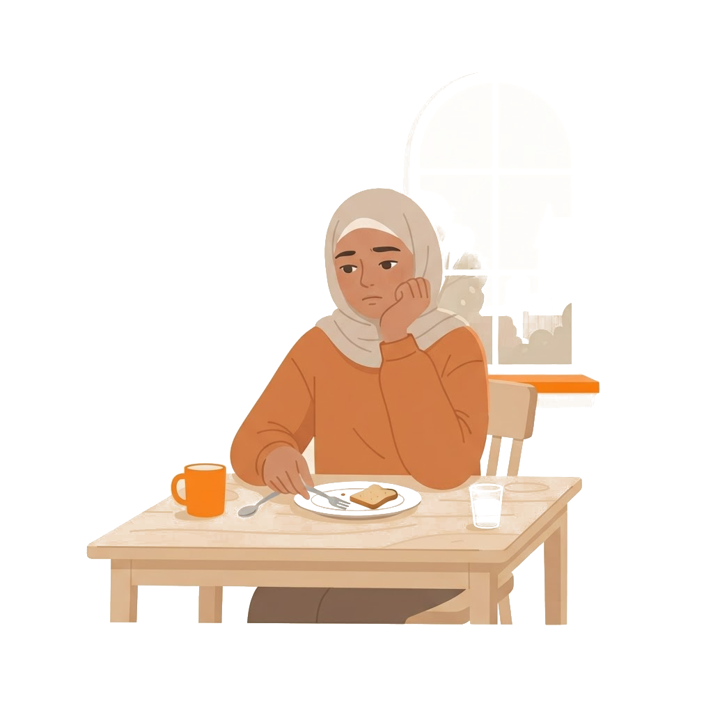 Editorial illustration of a young woman in a hijab at an early-morning table with no appetite, gently pushing a plate away