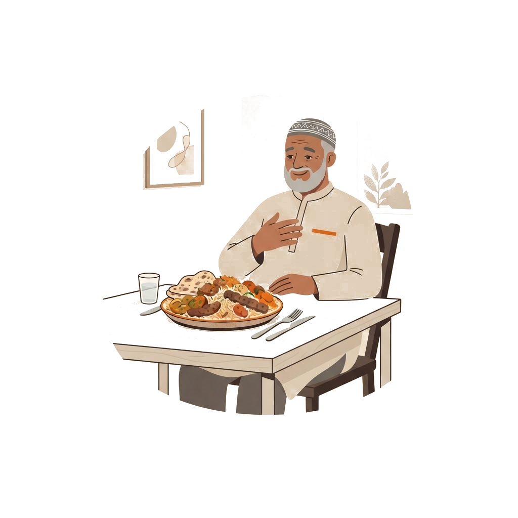 Editorial illustration of a man in a kurta leaning back from a large, heaping plate of food that feels too heavy at suhoor
