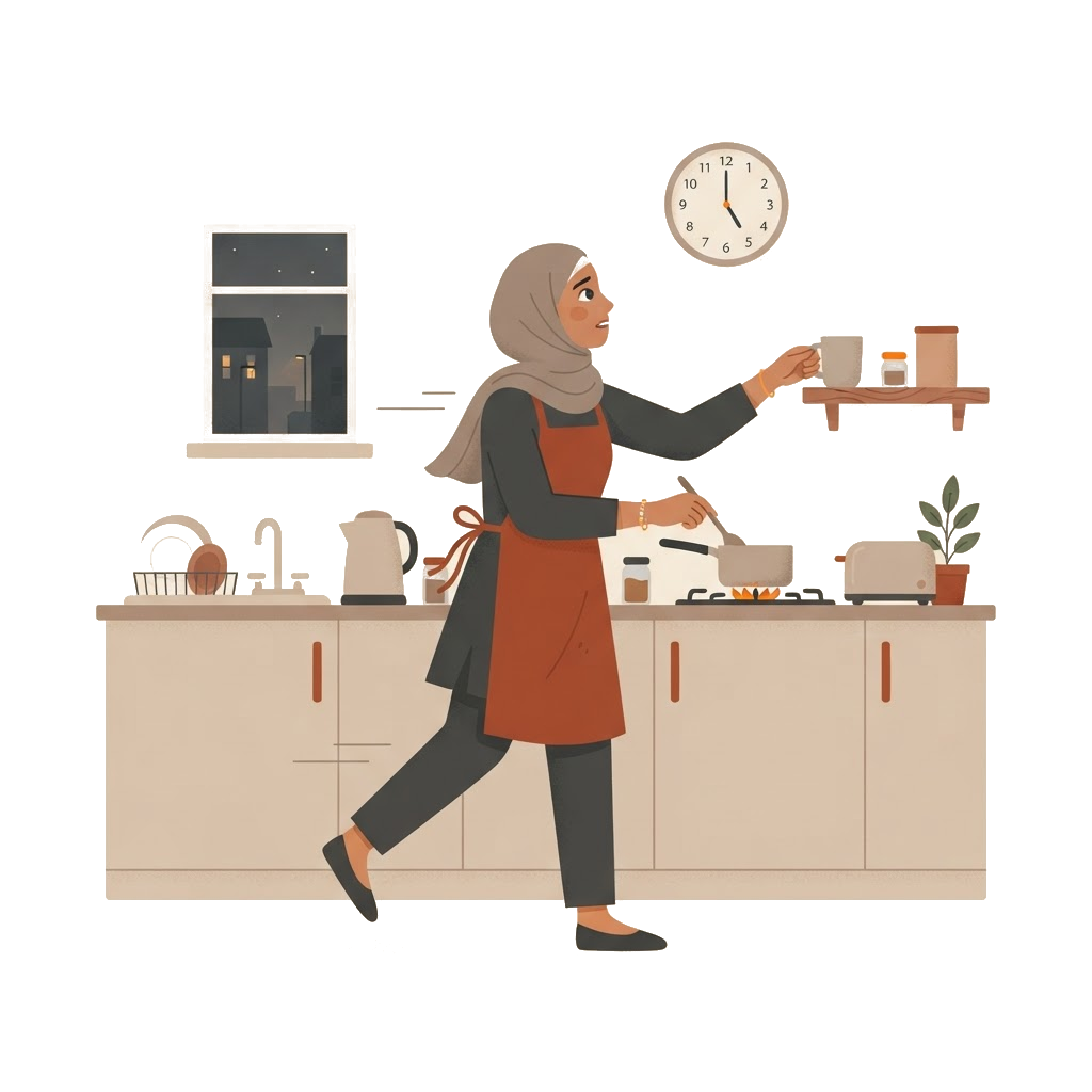 Editorial illustration of a busy woman rushing in the kitchen before dawn, glancing at the clock with no time to prepare