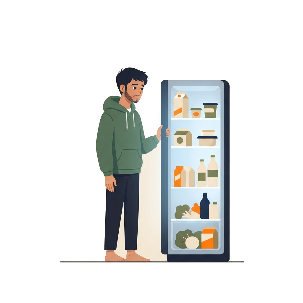 Editorial illustration of a teenage boy in a hoodie staring into an open fridge at night, unsure what to eat